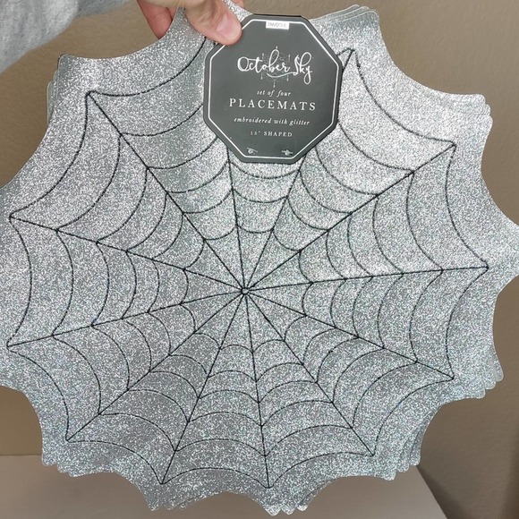 October Sky Other - October Sky Silver Glitter Halloween Spiderweb Placemats Set